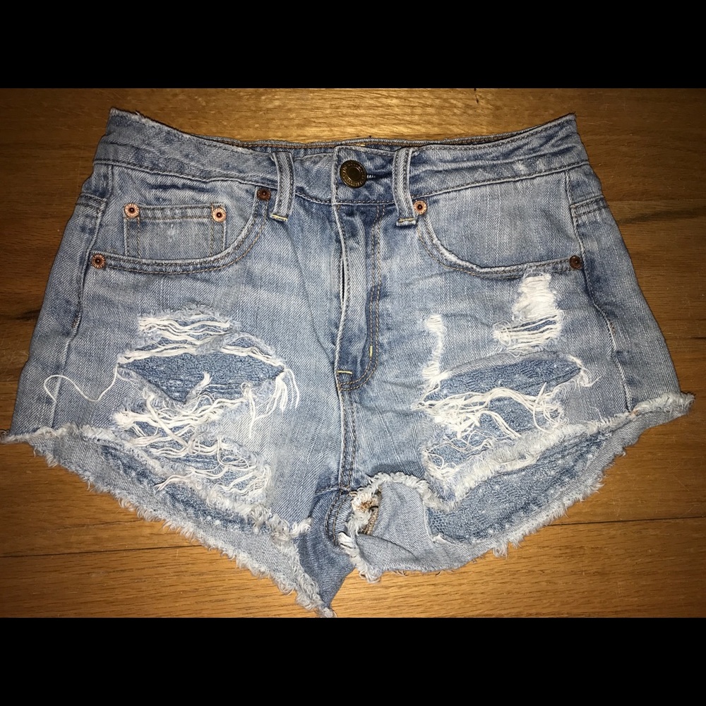 High rise, distressed denim shorts